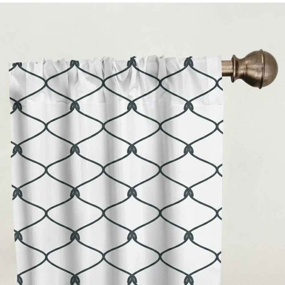 Premium White Black Geometric Knot Microfiber 2-Panel Window Curtains 56x84